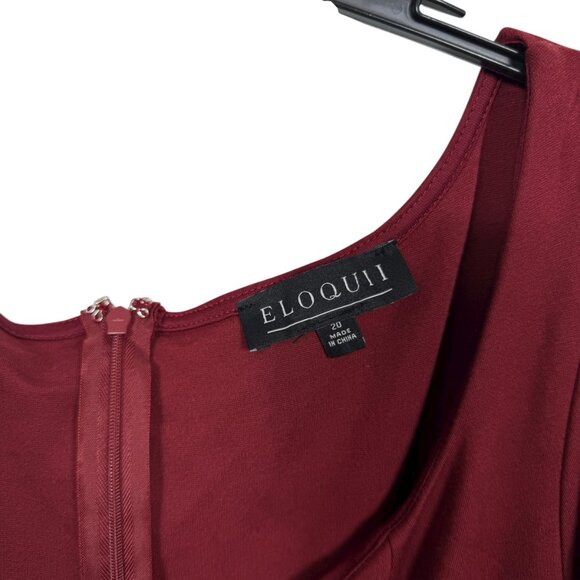 Eloquii Fluted Dress Size 20 Burgundy Long Sleeve Stretch Formal Dressy Midi - Picture 4 of 9